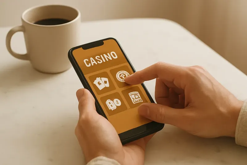 Man's hands tapping mobile casino interface on phone at marble desk
