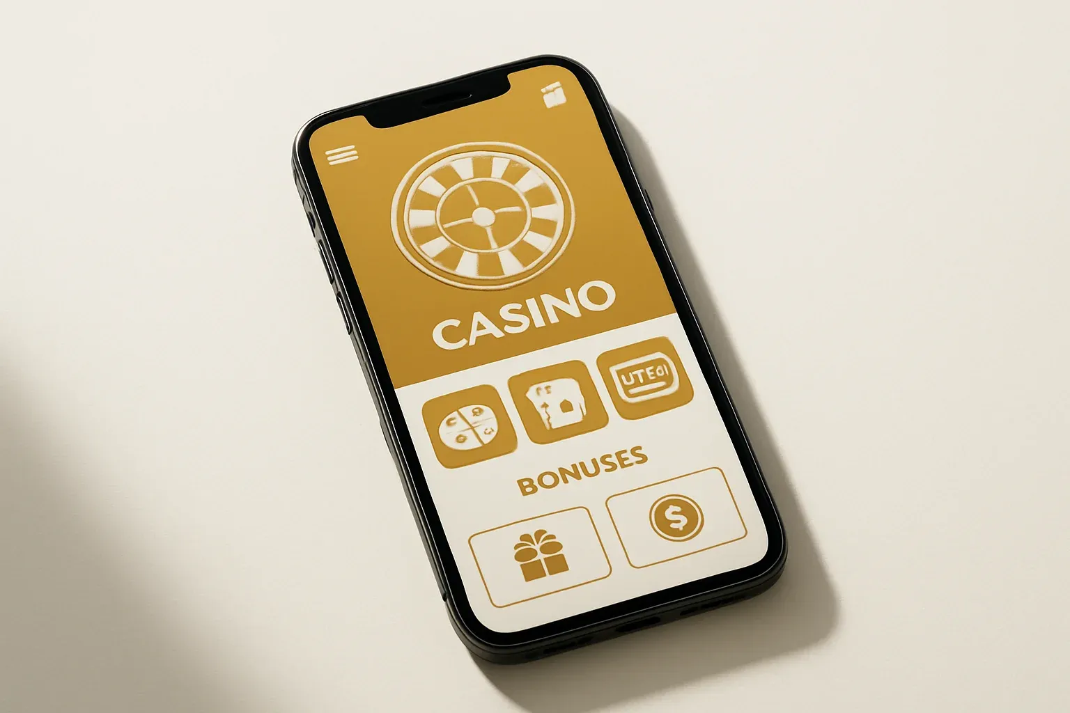 Modern smartphone displaying sleek casino app interface with games and bonuses