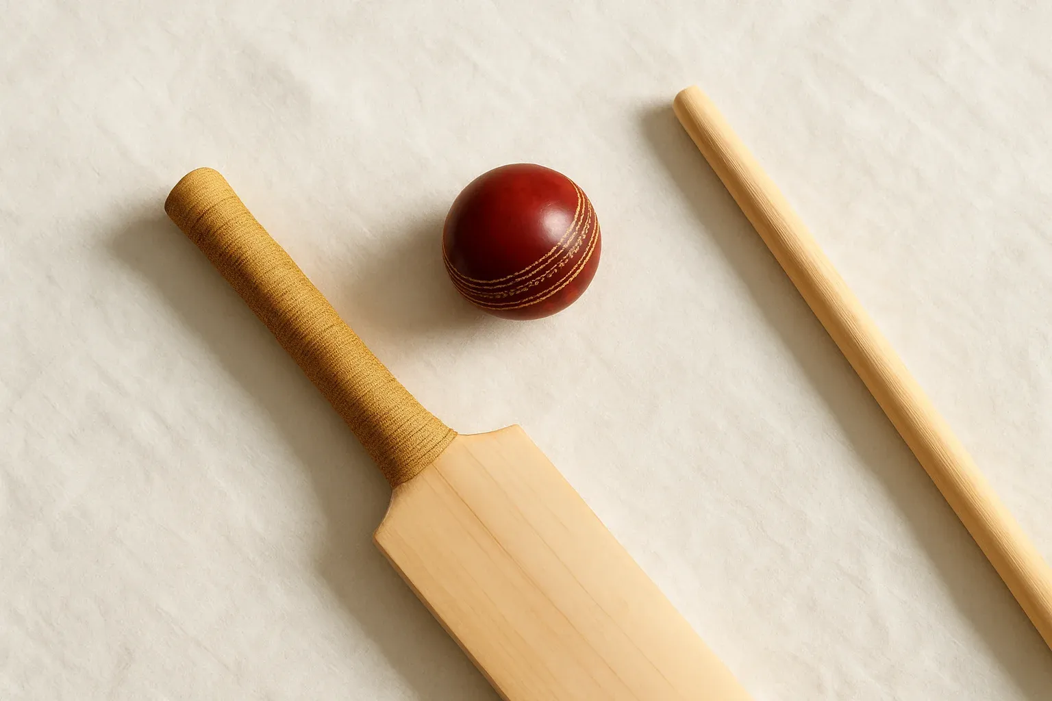 Cricket Gear Flat Lay Overhead flat lay of cricket ball, bat handle and single stump