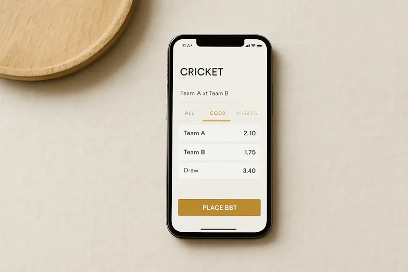 Phone screen showing cricket match betting odds in modern white and gold UI