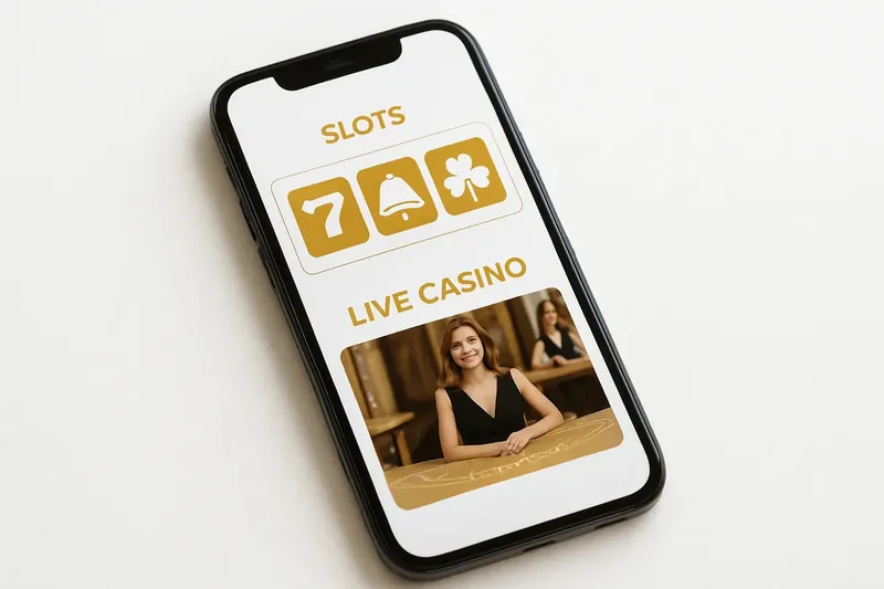 Mobile phone showing casino app with slots and live casino games