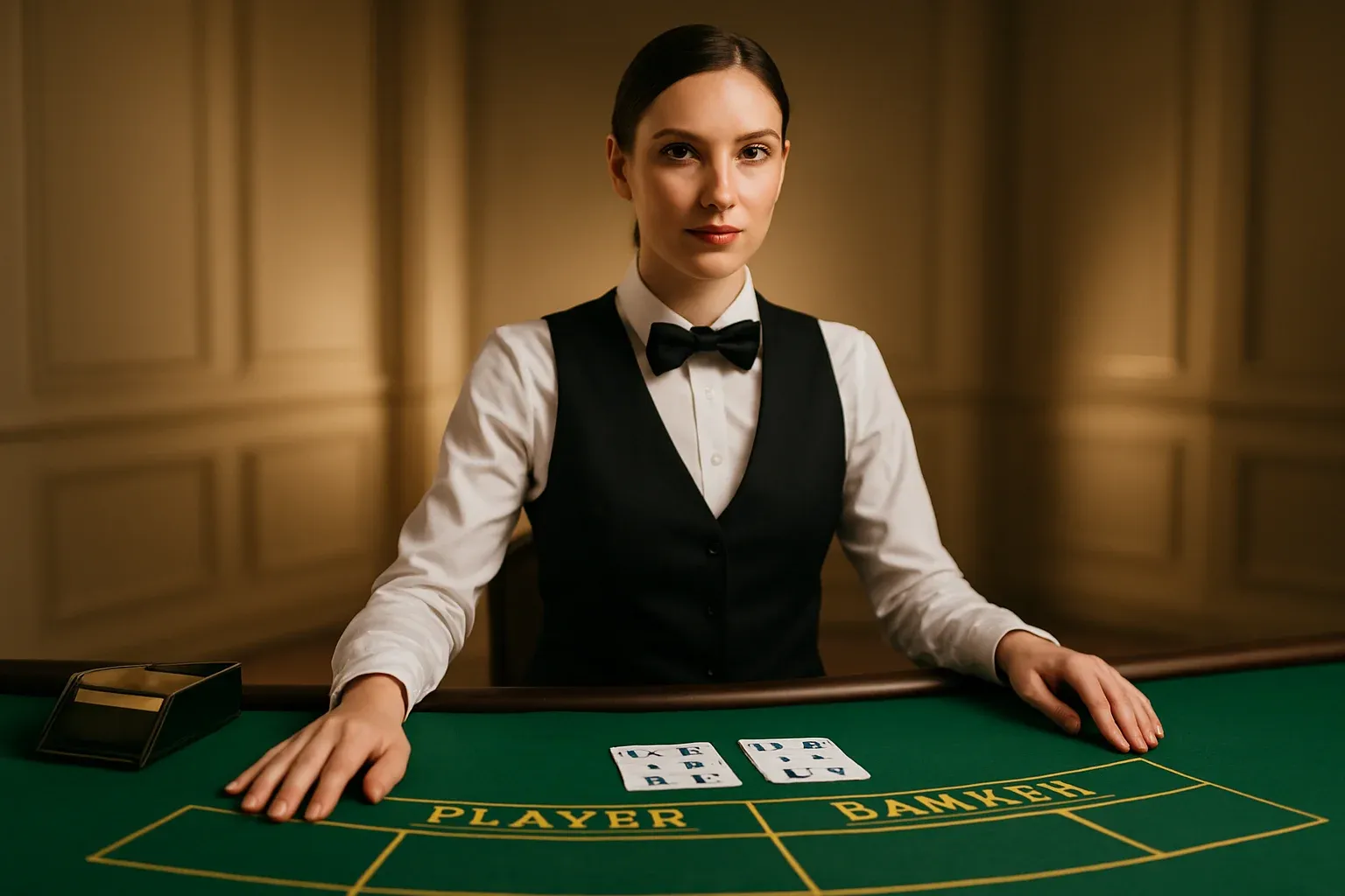 Professional female dealer at elegant live baccarat table in casino