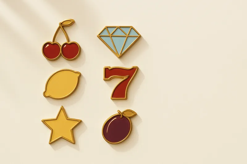 Assorted casino slot icons with fruit, diamonds, lucky sevens, and stars