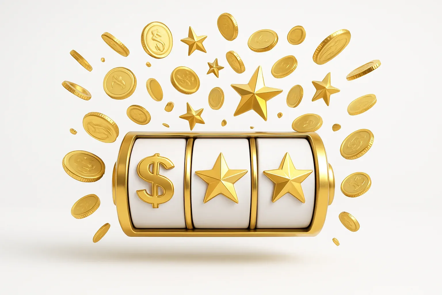 Colorful slot machine reels with gold symbols, coins, and exploding stars
